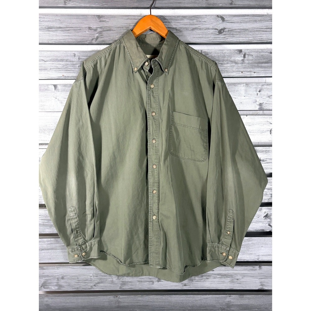 Vintage y2k Eddie Bauer Men L Olive Green Long Sleeve Button Down Chambray Twill